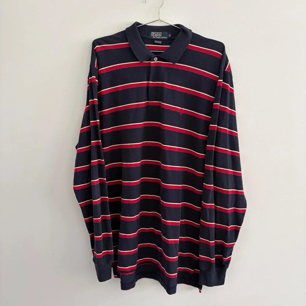Polo Ralph Lauren Mens XL Long Sleeve Striped Rugby Shirt Navy Red White